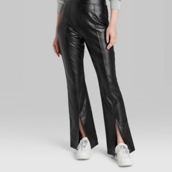 Slit Front Faux Leather Flare Pants - Picture 1 of 6